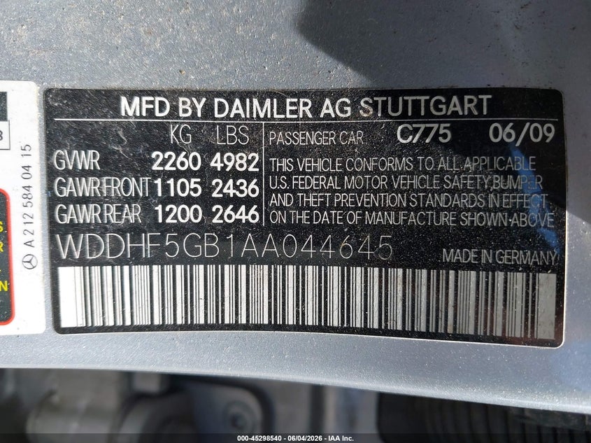 2010 Mercedes-benz E-klasse VIN WDDHF5GB1AA044645 IAAI salvage auction — FRONT END, Salvage (Illinois), sold $550 on 2026-08-15 (photo 9)