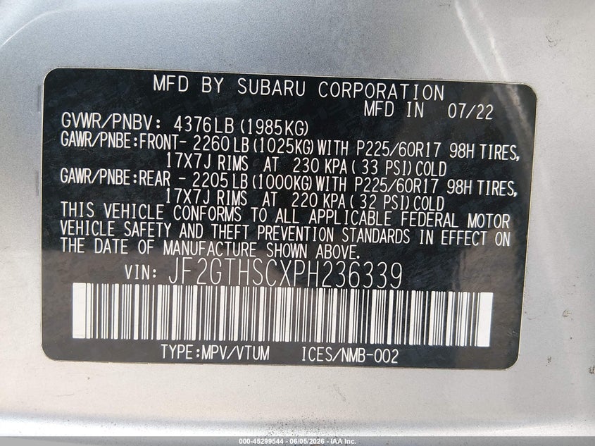 2023 Subaru Xv VIN JF2GTHSCXPH236339 IAAI salvage auction — LEFT SIDE, Salvage Title, sold $1,250 on 2026-07-29 (photo 9)