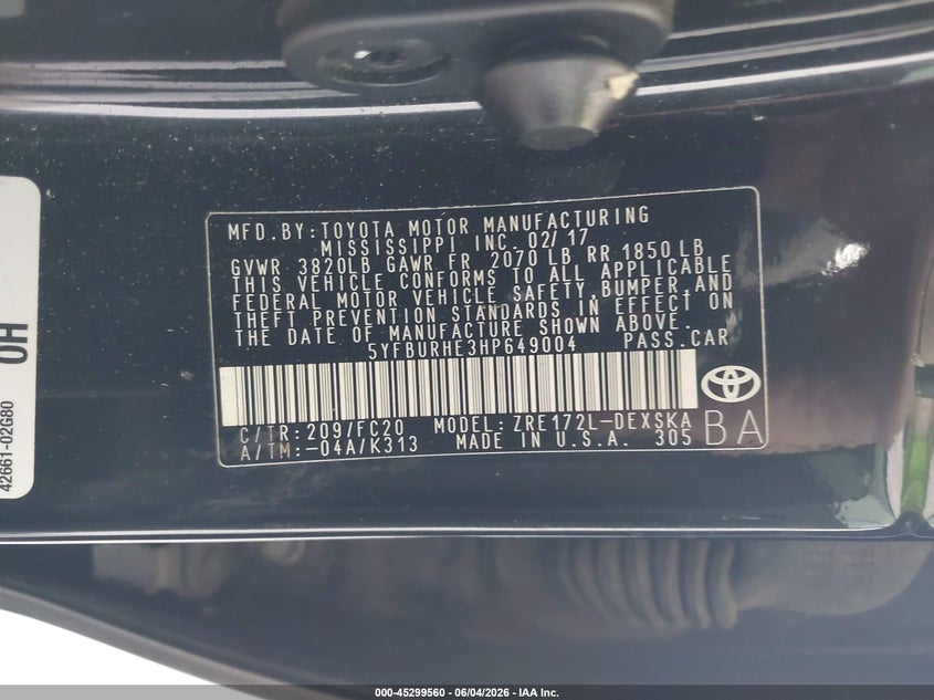 2017 Toyota Corolla VIN 5YFBURHE3HP649004 IAAI salvage auction — FRONT END, Salvage Title, sold $325 on 2026-07-22 (photo 9)