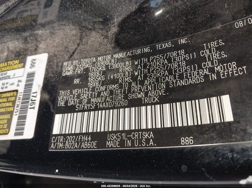 2010 Toyota Tundra VIN 5TFRY5F14AX079260 IAAI salvage auction — NORMAL WEAR, Clear (Georgia), sold $2,700 on 2026-07-08 (photo 9)