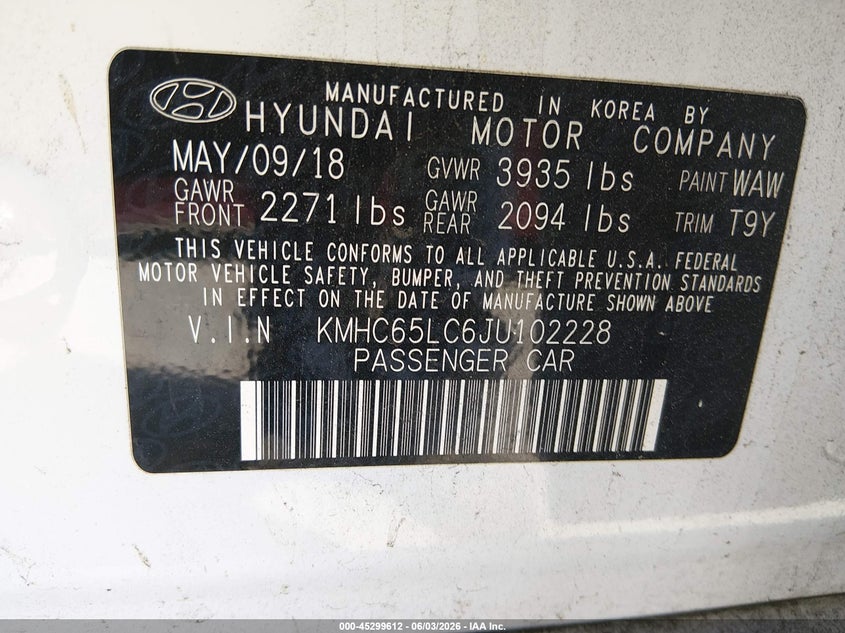 2018 Hyundai Ioniq VIN KMHC65LC6JU102228 IAAI salvage auction — RIGHT FRONT, Salvage Title, sold $2,450 on 2026-07-13 (photo 9)