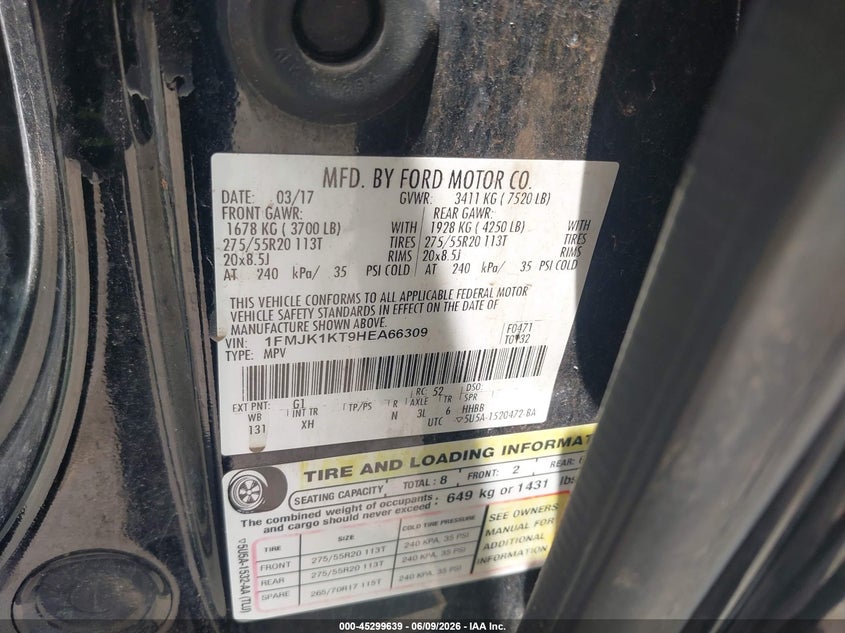 2017 Ford Expedition VIN 1FMJK1KT9HEA66309 IAAI salvage auction — RIGHT FRONT, Salvage (Texas), sold $975 on 2026-07-19 (photo 9)