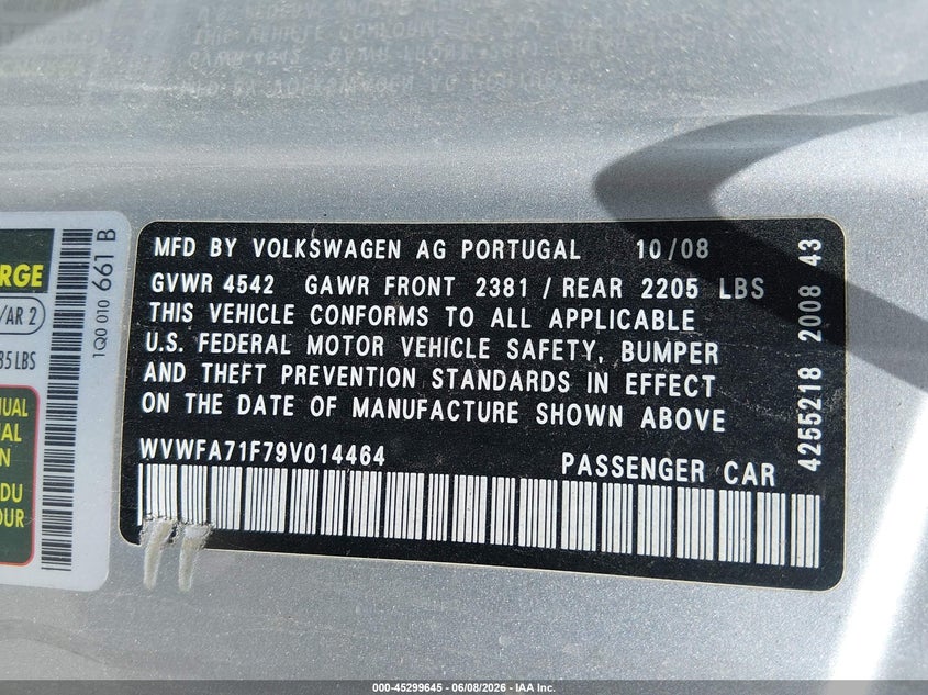 2009 Volkswagen Eos VIN WVWFA71F79V014464 IAAI salvage auction — FRONT END, Salvage (Texas), sold $850 on 2026-07-14 (photo 9)