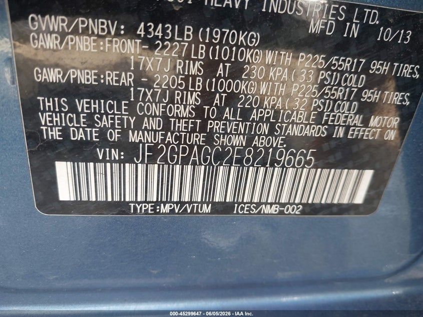 2014 Subaru Xv VIN JF2GPAGC2E8219665 IAAI salvage auction — LEFT FRONT, Salvage Title, sold $775 on 2026-07-13 (photo 9)