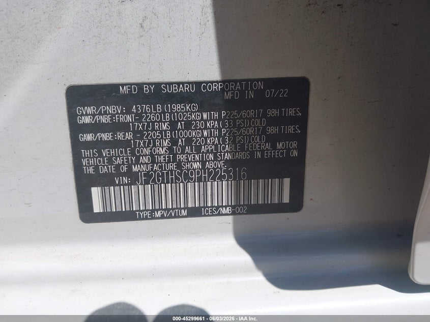 2023 Subaru Xv VIN JF2GTHSC9PH225316 IAAI salvage auction — REAR END, Salvage Title, sold $3,850 on 2026-07-29 (photo 9)