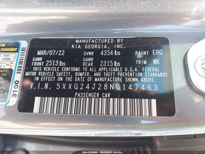2022 Kia K5 VIN 5XXG24J28NG147463 IAAI salvage auction — LEFT SIDE, Salvage Title, sold $4,050 on 2026-07-14 (photo 9)