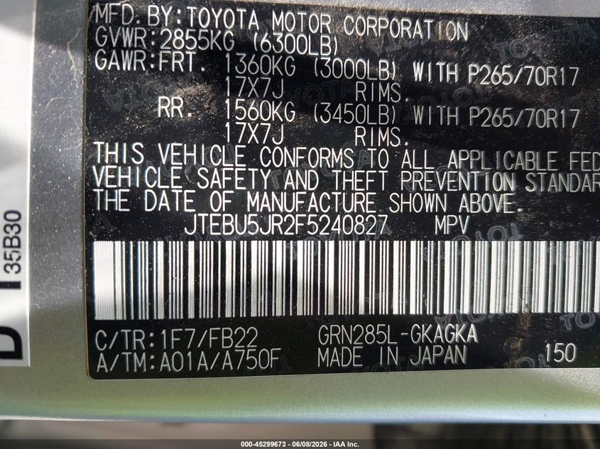 2015 Toyota 4runner VIN JTEBU5JR2F5240827 IAAI salvage auction — FRONT END, Salvage Title, sold $5,800 on 2026-07-09 (photo 9)