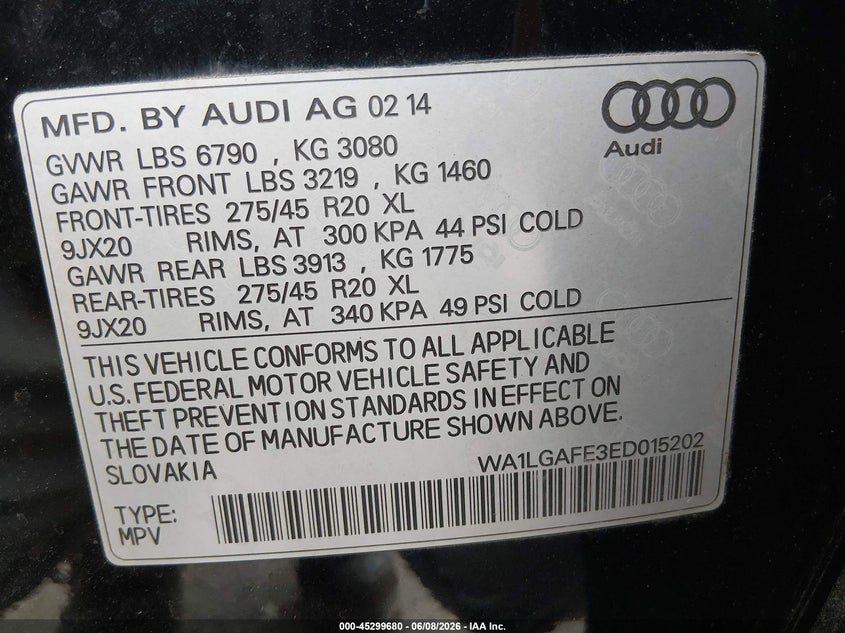 2014 Audi Q7 VIN WA1LGAFE3ED015202 IAAI salvage auction — FRONT END, Salvage (Illinois), sold $450 on 2026-07-28 (photo 9)