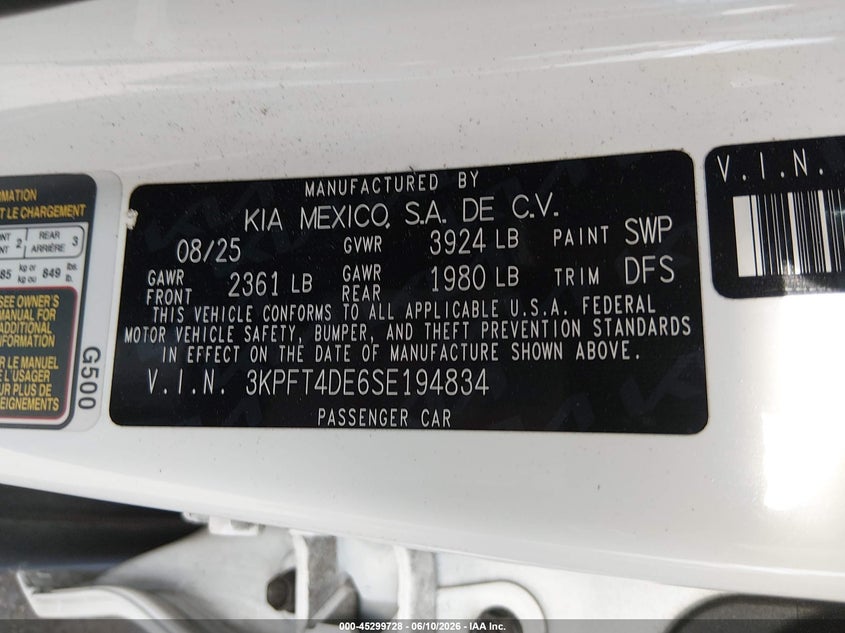 2025 Kia K4 VIN 3KPFT4DE6SE194834 IAAI salvage auction — FRONT END, Salvage (California), sold $6,600 on 2026-07-09 (photo 9)