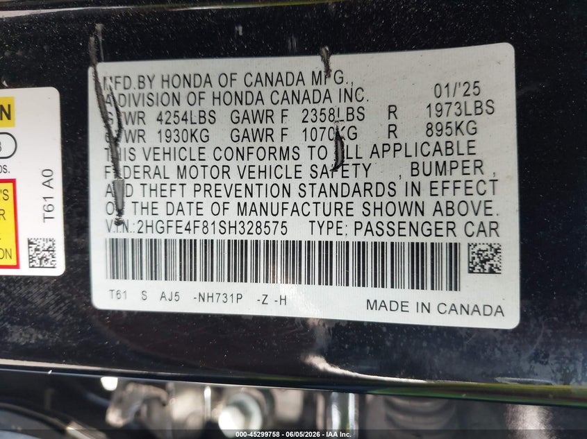 2025 Honda Civic VIN 2HGFE4F81SH328575 IAAI salvage auction — FRONT END, Salvage (California), sold $7,300 on 2026-07-28 (photo 9)