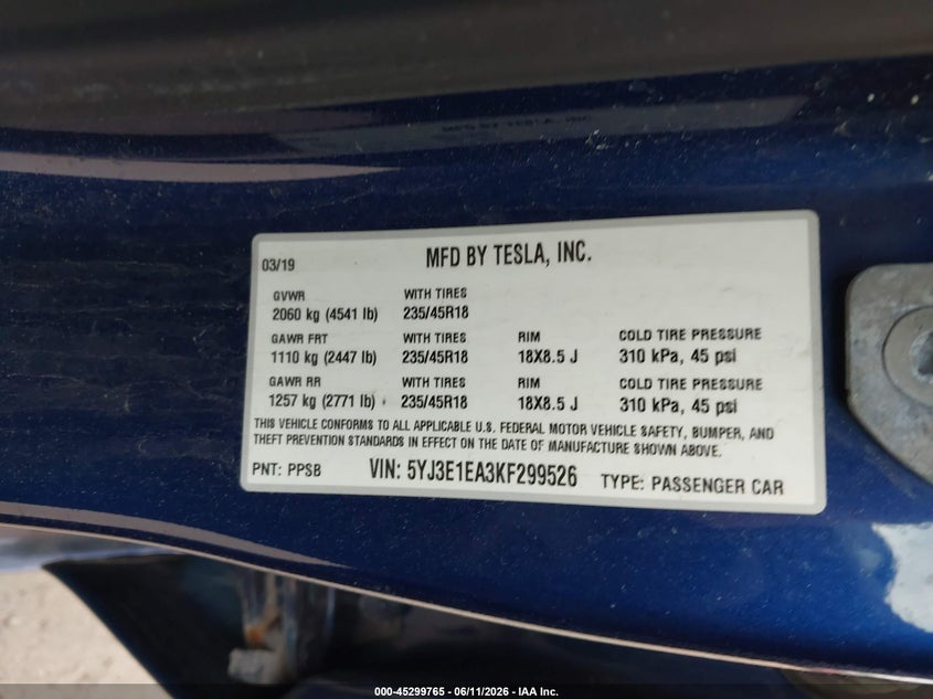 2019 Tesla Model 3 VIN 5YJ3E1EA3KF299526 IAAI salvage auction — RIGHT FRONT, Salvage Title, sold $3,950 on 2026-07-28 (photo 9)