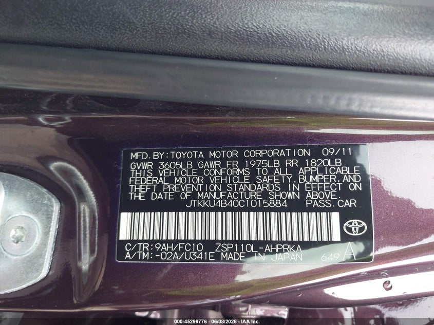2012 Scion Xd VIN JTKKU4B40C1015884 IAAI salvage auction — FRONT END, Salvage - Greater Than 75% (Maryland), sold $675 on 2026-08-02 (photo 9)