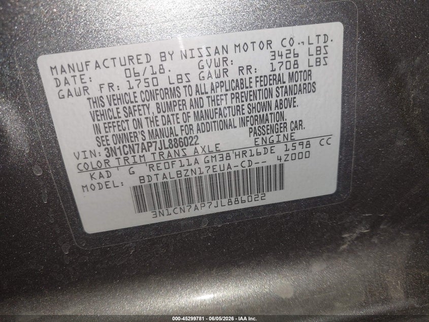 2018 Nissan Versa VIN 3N1CN7AP7JL886022 IAAI salvage auction — FRONT END, Wait Title, sold $675 on 2026-08-03 (photo 9)