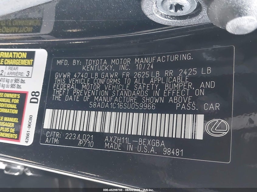 2025 Lexus ES VIN 58ADA1C16SU059966 IAAI salvage auction — FRONT END, Salvage Title, sold $16,700 on 2026-07-29 (photo 9)