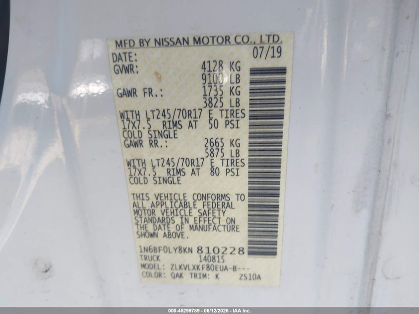 2019 Nissan Nv VIN 1N6BF0LY8KN810228 IAAI salvage auction — HAIL, Salvage Title, sold $7,675 on 2026-08-19 (photo 9)