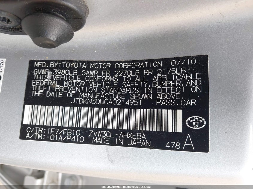 2010 Toyota Prius VIN JTDKN3DU0A0214951 IAAI salvage auction — FRONT END, Salvage - Greater Than 75% (Maryland), sold $950 on 2026-07-31 (photo 9)