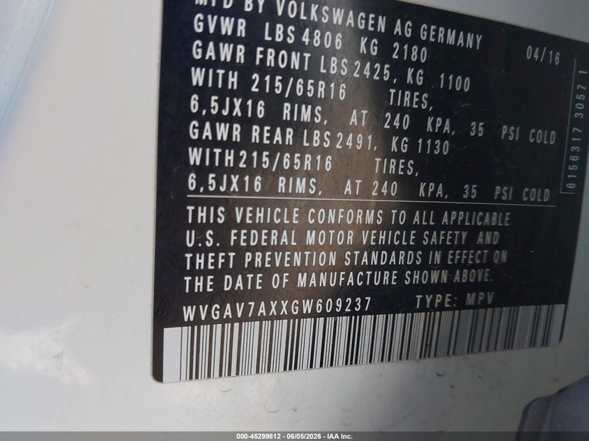 2016 Volkswagen Tiguan VIN WVGAV7AXXGW609237 IAAI salvage auction — FRONT END, Salvage (Ohio), sold $1,050 on 2026-07-22 (photo 9)