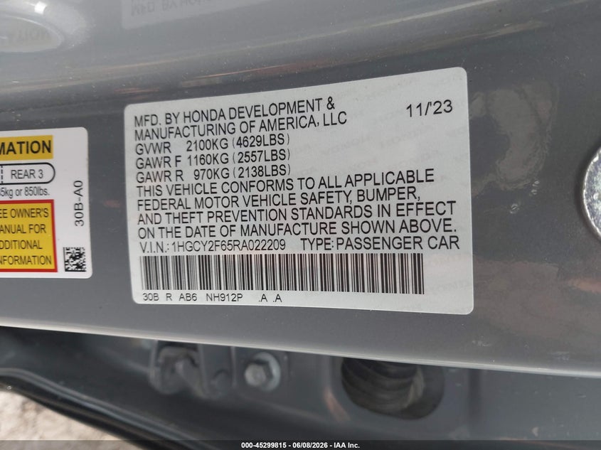2024 Honda Accord VIN 1HGCY2F65RA022209 IAAI salvage auction — FRESH WATER, Salvage Title, sold $13,600 on 2026-07-29 (photo 9)