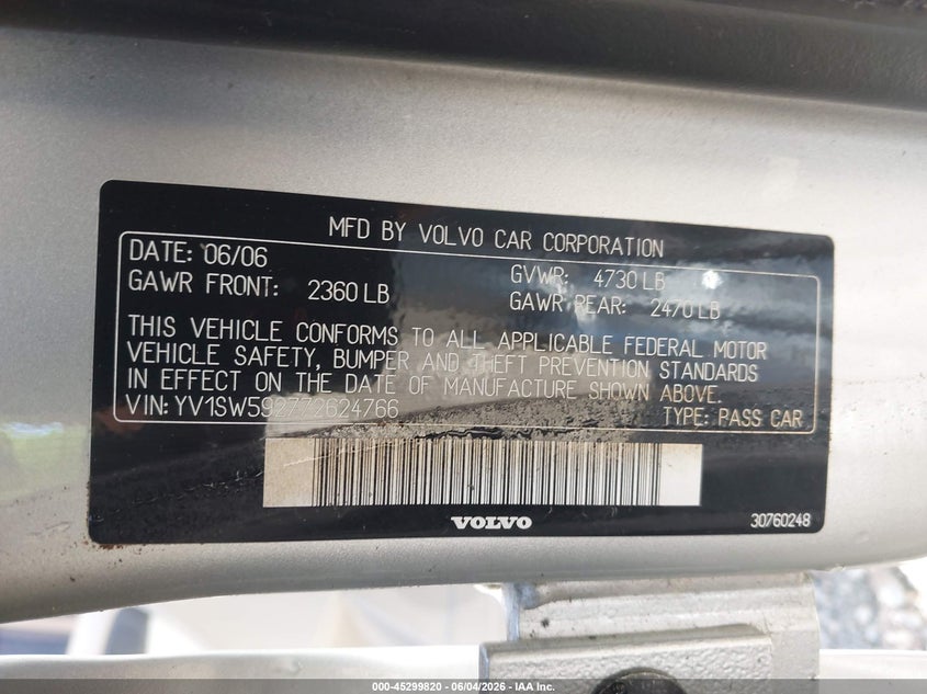 2007 Volvo V70 VIN YV1SW592772624766 IAAI salvage auction — SUSPENSION, Repossession Paperwork (Georgia), sold $225 on 2026-08-06 (photo 9)