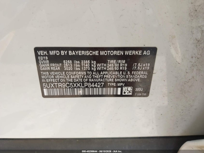 2019 BMW X3 VIN 5UXTR9C5XKLP84427 IAAI salvage auction — FRONT END, Original (Texas), sold $5,200 on 2026-07-30 (photo 9)