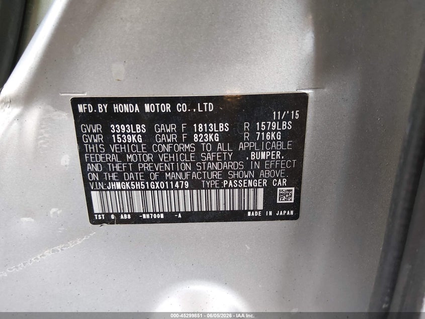 2016 Honda Fit VIN JHMGK5H51GX011479 IAAI salvage auction — LEFT SIDE, Salvage Title, sold $1,850 on 2026-07-07 (photo 9)