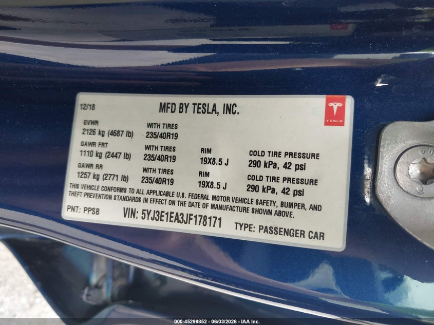 2018 Tesla Model 3 VIN 5YJ3E1EA3JF178171 IAAI salvage auction — FRONT & REAR, Salvage Title, sold $7,450 on 2026-07-09 (photo 9)