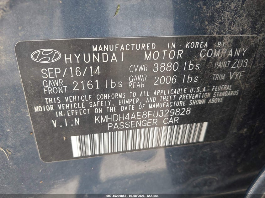 2015 Hyundai Elantra VIN KMHDH4AE8FU329828 IAAI salvage auction — RIGHT SIDE, Salvage (Ohio), sold $525 on 2026-07-20 (photo 9)