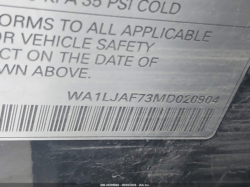 2021 Audi Q7 VIN WA1LJAF73MD020904 IAAI salvage auction — WATER/FLOOD, Salvage Title, sold $1,050 on 2026-07-21 (photo 9)
