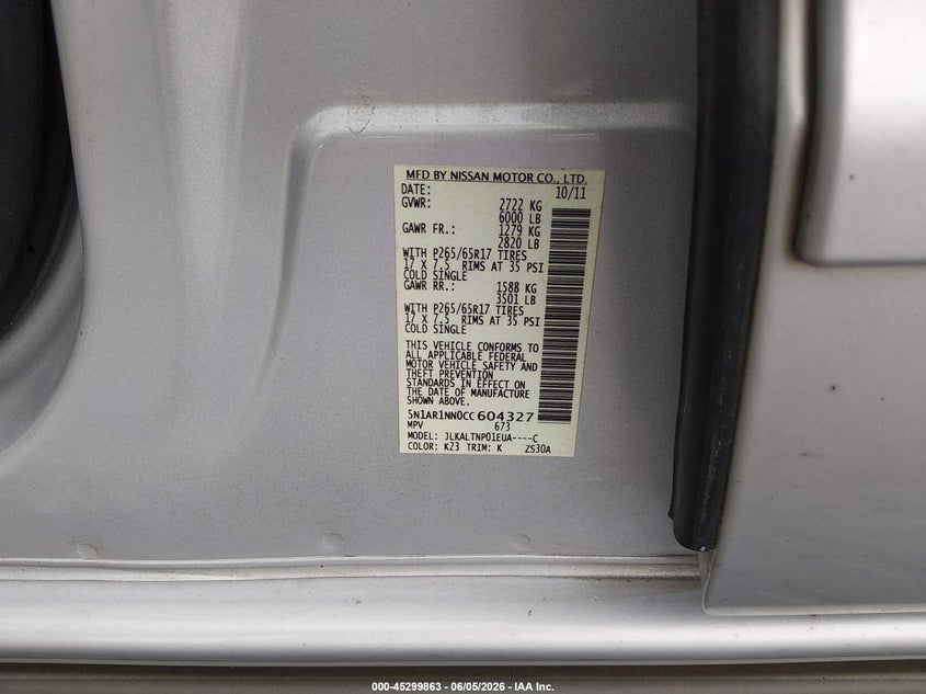 2012 Nissan Pathfinder VIN 5N1AR1NN0CC604327 IAAI salvage auction — REAR END, Salvage Title, sold $250 on 2026-07-26 (photo 9)
