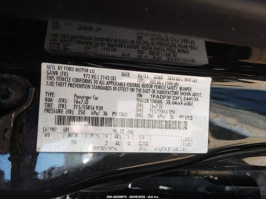 2015 Ford Focus VIN 1FADP3F23FL244035 IAAI salvage auction — NORMAL WEAR, Salvage Title, sold $400 on 2026-07-15 (photo 9)
