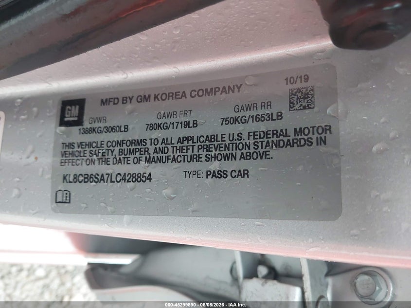 2020 Chevrolet Spark VIN KL8CB6SA7LC428854 IAAI salvage auction — LEFT FRONT, Salvage Title, sold $800 on 2026-07-14 (photo 9)