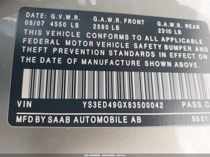 2008 Saab 9-5 VIN YS3ED49GX83500042 IAAI salvage auction — NORMAL WEAR, Clear (Utah), sold $350 on 2026-07-09 (photo 9)