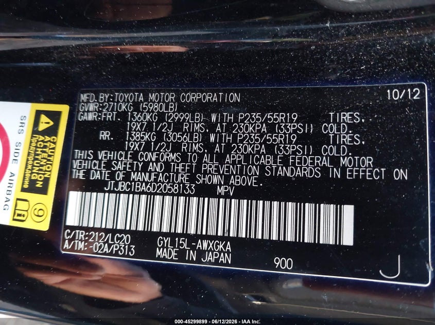 2013 Lexus Rx VIN JTJBC1BA6D2058133 IAAI salvage auction — RIGHT REAR, Salvage Title, sold $2,550 on 2026-07-29 (photo 9)