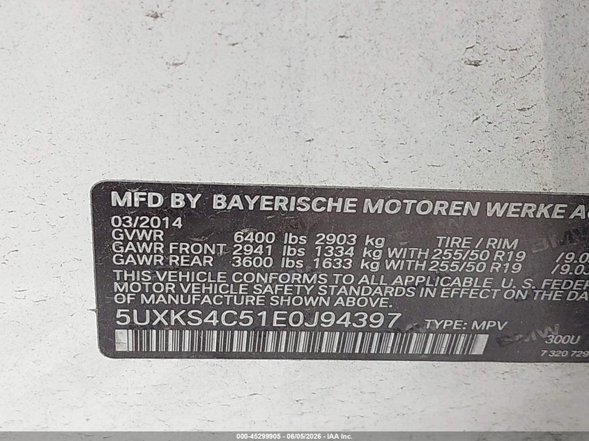 2014 BMW X5 VIN 5UXKS4C51E0J94397 IAAI salvage auction — NORMAL WEAR, Original (Texas), sold $5,550 on 2026-07-07 (photo 9)