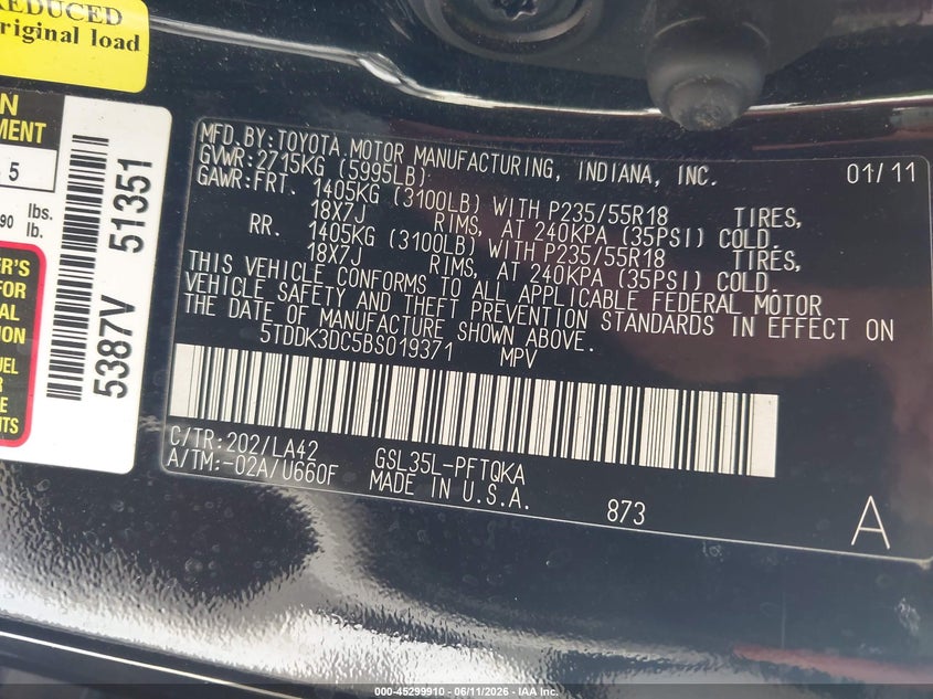 2011 Toyota Sienna VIN 5TDDK3DC5BS019371 IAAI salvage auction — ENGINE BURN, Salvage (Texas), sold $1,150 on 2026-07-13 (photo 9)