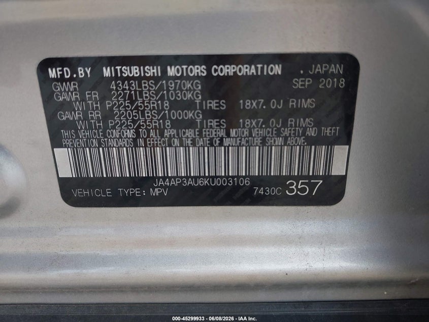 2019 Mitsubishi Outlander VIN JA4AP3AU6KU003106 IAAI salvage auction — RIGHT FRONT, Salvage Title, sold $1,700 on 2026-07-10 (photo 9)