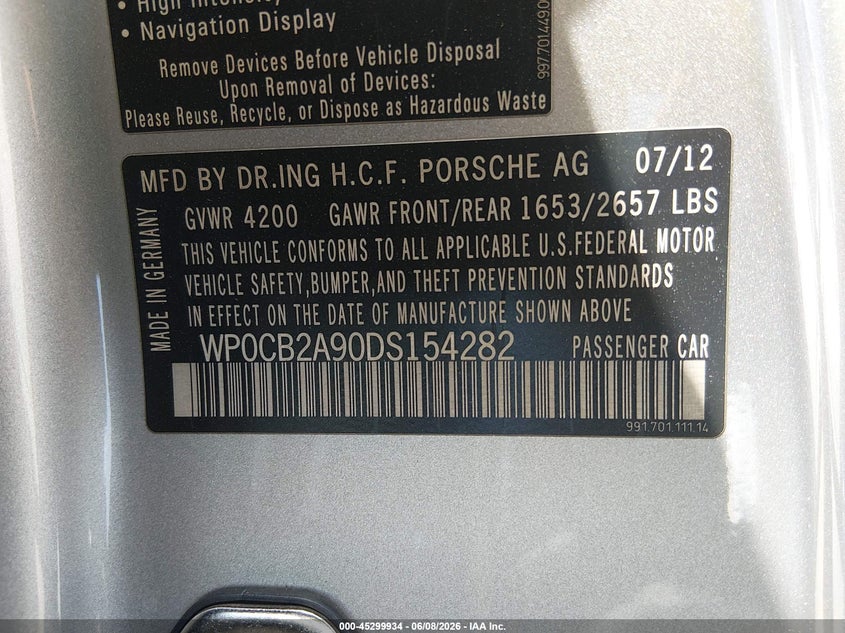 2013 Porsche 911 VIN WP0CB2A90DS154282 IAAI salvage auction — FRONT END, Salvage Title, sold $30,200 on 2026-07-13 (photo 9)