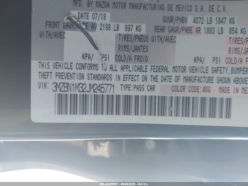 2018 Mazda 3 VIN 3MZBN1M32JM245771 IAAI salvage auction — LEFT FRONT, Salvage Title, sold $2,750 on 2026-07-29 (photo 9)