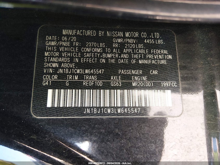 2020 Nissan Rogue VIN JN1BJ1CW3LW645547 IAAI salvage auction — FRONT END, Salvage Title, sold $775 on 2026-07-15 (photo 9)