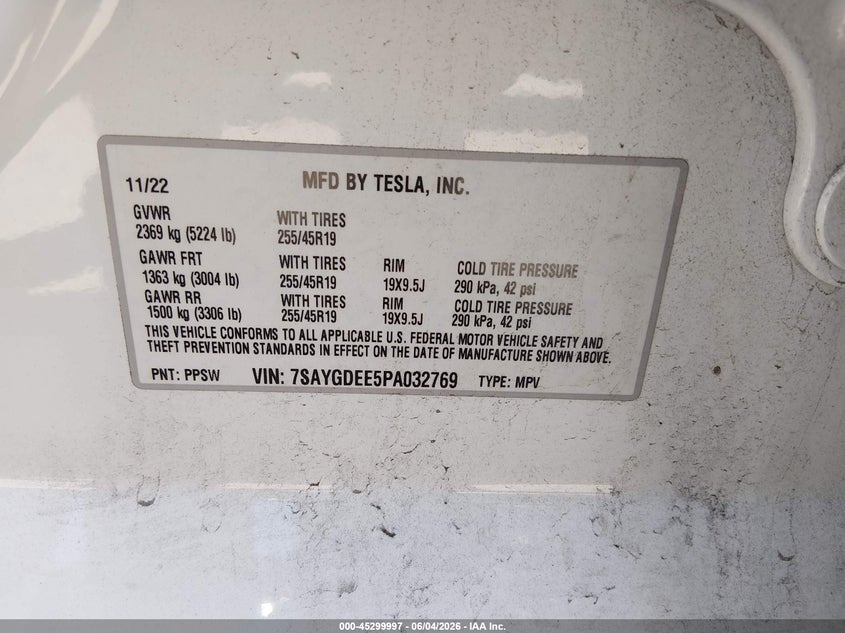 2023 Tesla Model y VIN 7SAYGDEE5PA032769 IAAI salvage auction — FRONT END, Salvage Title, sold $10,000 on 2026-07-12 (photo 9)