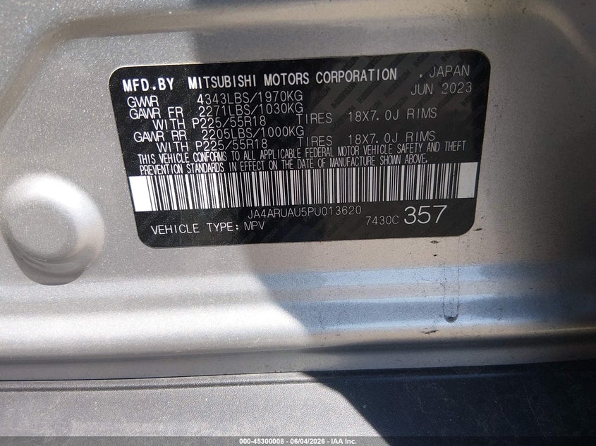 2023 Mitsubishi Outlander VIN JA4ARUAU5PU013620 IAAI salvage auction — FRONT END, Salvage - Greater Than 75% (Maryland), sold $3,150 on 2026-07-30 (photo 9)