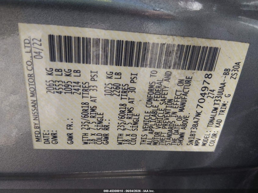 2022 Nissan Rogue VIN 5N1BT3BA7NC704978 IAAI salvage auction — ENGINE DAMAGE, Salvage (Mississippi), sold $3,750 on 2026-07-31 (photo 9)