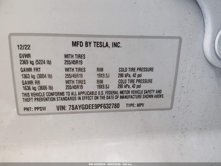 2023 Tesla Model y VIN 7SAYGDEE9PF632780 IAAI salvage auction — REAR END, Salvage Title, sold $11,025 on 2026-07-06 (photo 9)