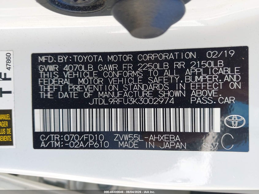 2019 Toyota Prius VIN JTDL9RFU3K3002974 IAAI salvage auction — NORMAL WEAR, Clear (Virginia), sold $2,150 on 2026-07-20 (photo 9)
