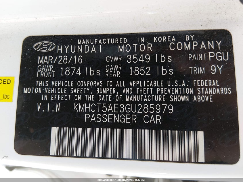 2016 Hyundai Accent VIN KMHCT5AE3GU285979 IAAI salvage auction — SIDE, Salvage Title, sold $950 on 2026-07-17 (photo 9)