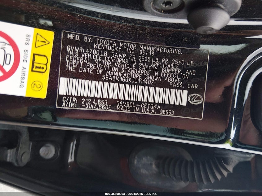 2018 Lexus ES VIN 58ABK1GGXJU111407 IAAI salvage auction — REAR END, Rebuildable (Florida), sold $7,350 on 2026-07-30 (photo 9)