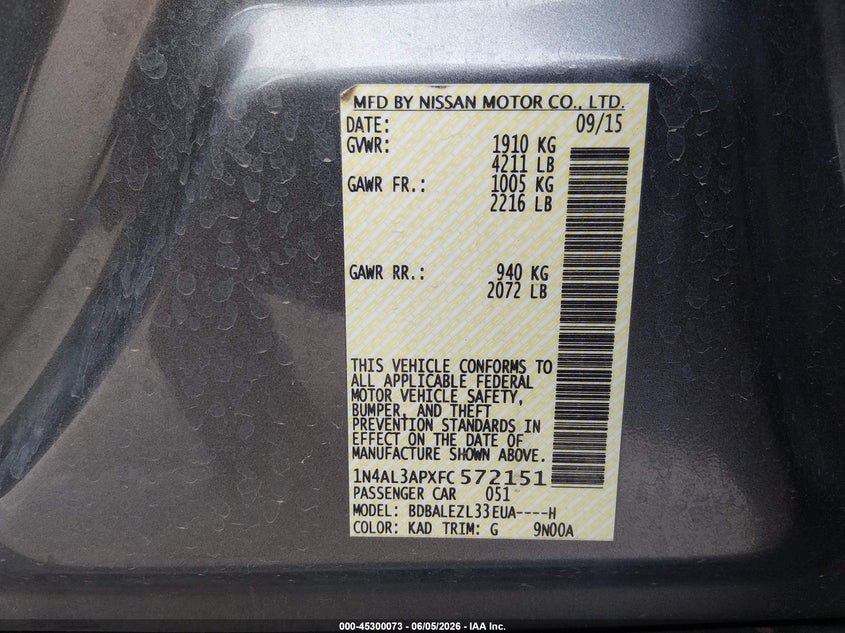 2015 Nissan Altima VIN 1N4AL3APXFC572151 IAAI salvage auction — REAR END, Salvage Title, sold $450 on 2026-07-22 (photo 9)