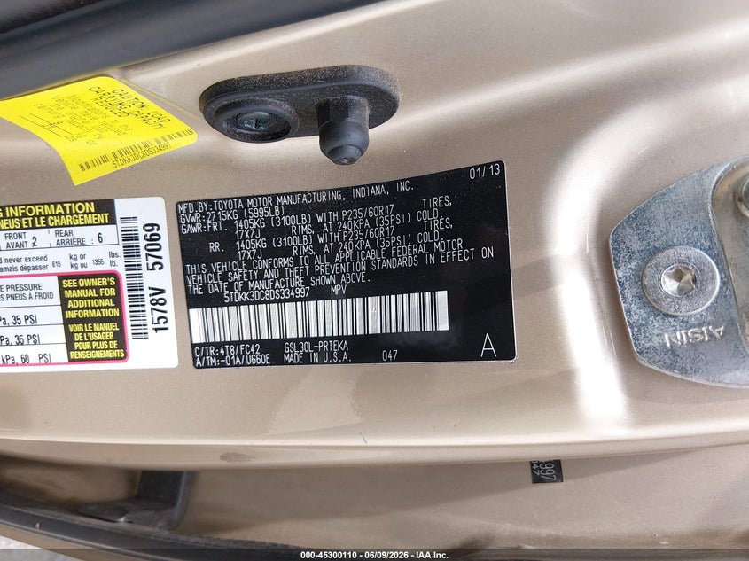 2013 Toyota Sienna VIN 5TDKK3DC8DS334997 IAAI salvage auction — FRONT END, Salvage Title, sold $1,250 on 2026-07-09 (photo 9)