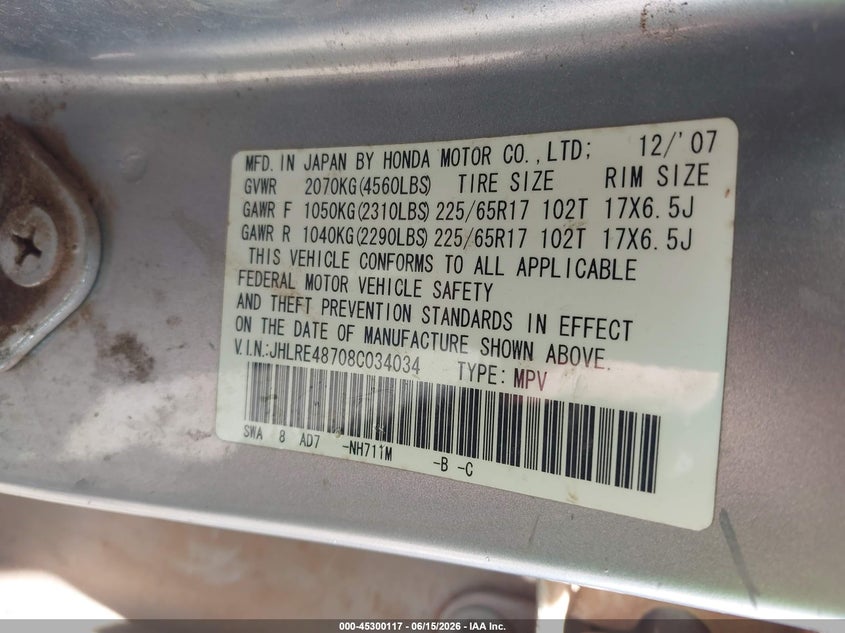 2008 Honda Cr-v VIN JHLRE48708C034034 IAAI salvage auction — ALL OVER, Clear (Oklahoma), sold $1,275 on 2026-07-15 (photo 9)