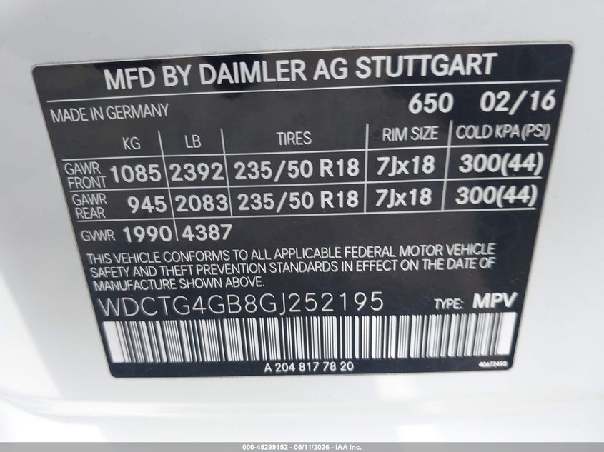 2016 Mercedes-benz Gla-klasse VIN WDCTG4GB8GJ252195 IAAI salvage auction — FRONT END, Salvage (North Carolina), sold $3,650 on 2026-07-30 (photo 9)